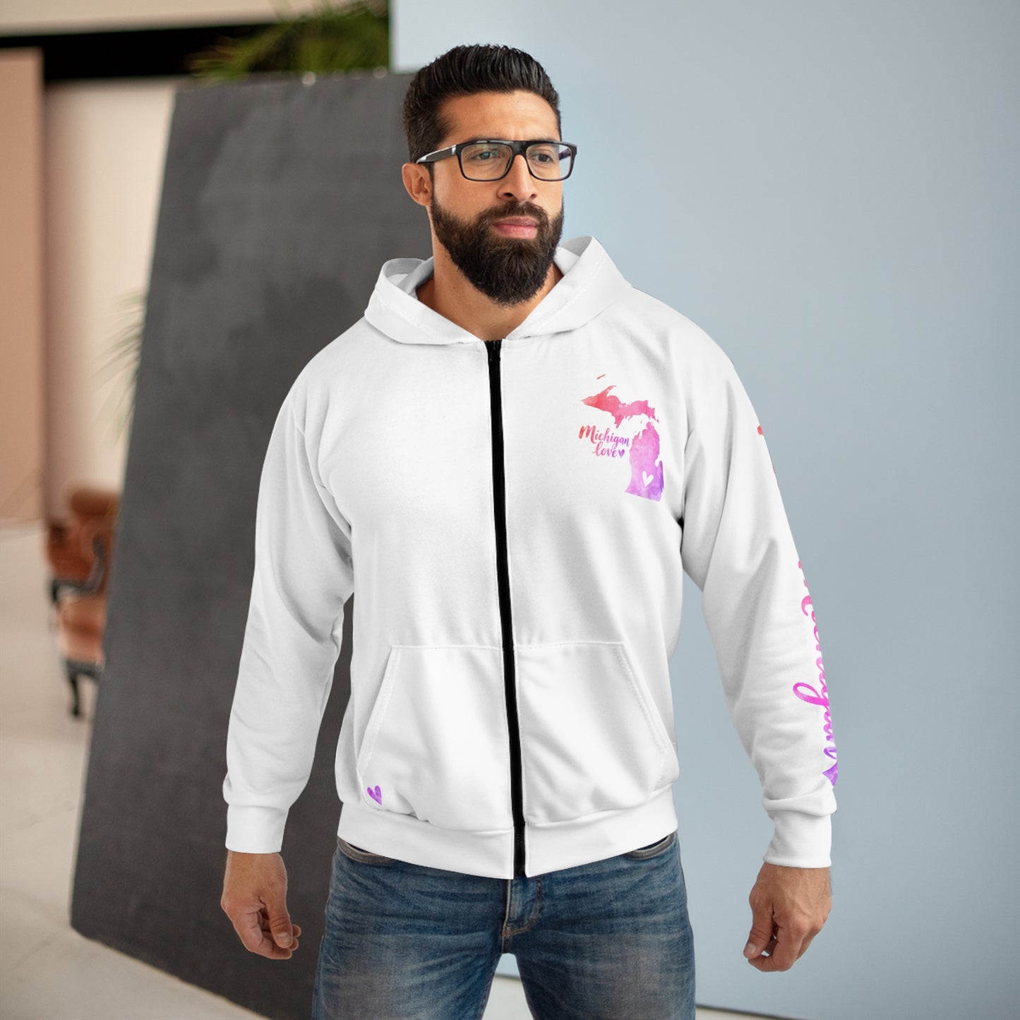 Michigan Watercolor Zip Hoodie — Pink State Outline with Hearts