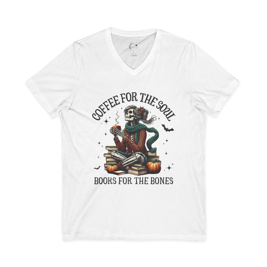 Coffee for the Soul V-Neck Tee, Halloween Shirt, Book Lover's Tee, Graphic T-Shirt, Quirky Fall Apparel