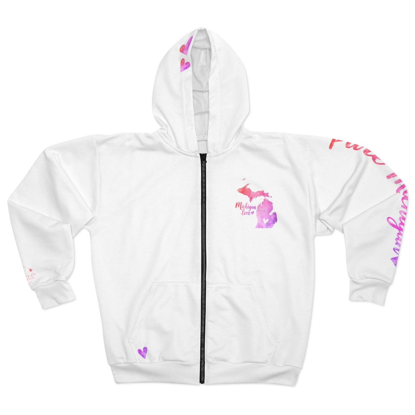 Michigan Watercolor Zip Hoodie — Pink State Outline with Hearts
