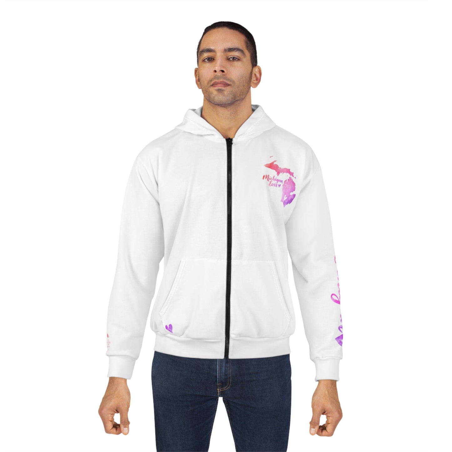 Michigan Watercolor Zip Hoodie — Pink State Outline with Hearts