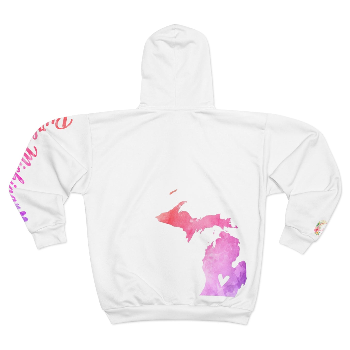 Michigan Watercolor Zip Hoodie — Pink State Outline with Hearts