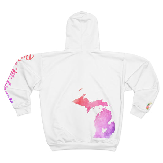Michigan Watercolor Zip Hoodie — Pink State Outline with Hearts